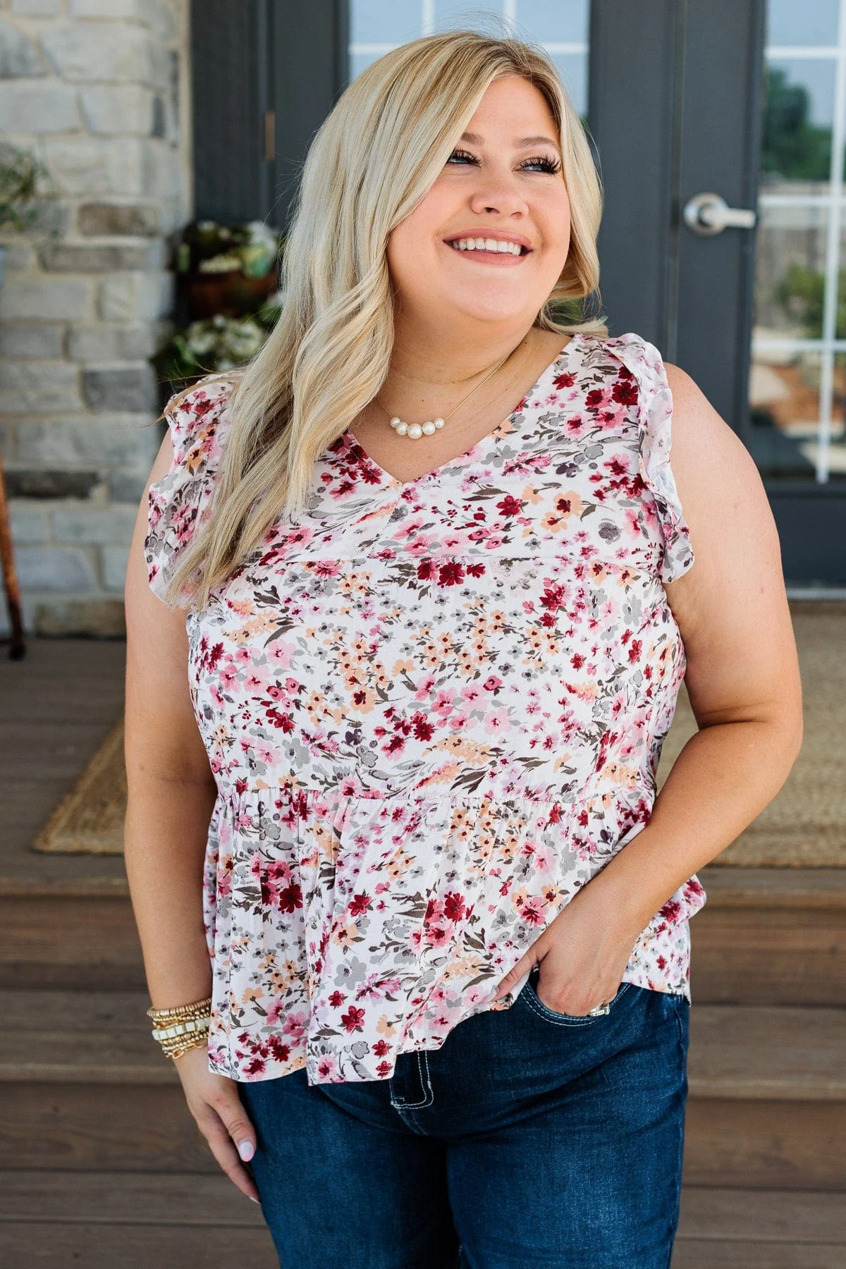 Beauty Is Key Flutter Sleeve Blouse- Ivory & Blush - Image 4