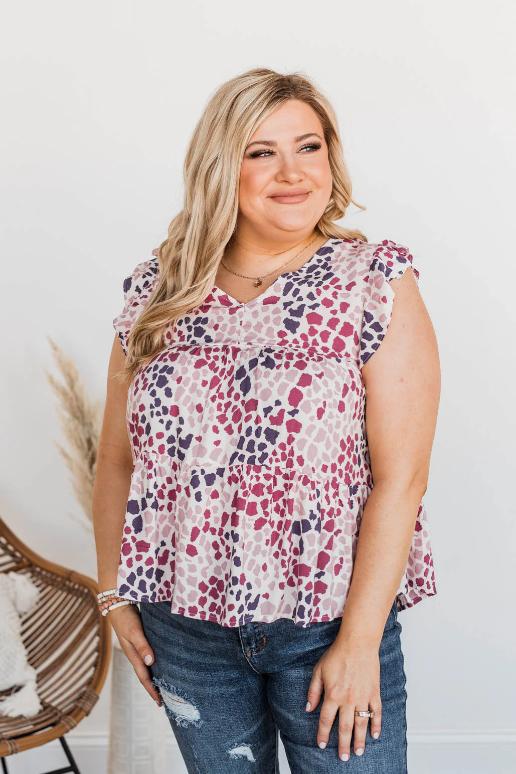 Beauty Is Key Flutter Sleeve Blouse- Ivory & Magenta - Image 3