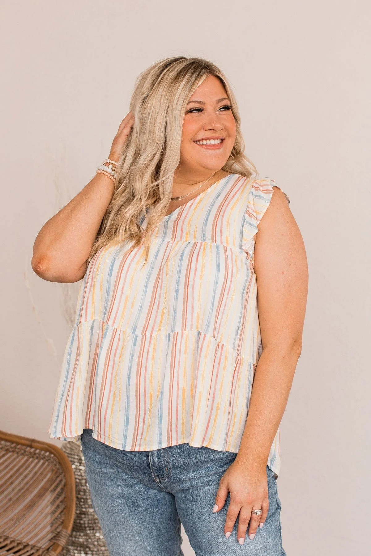 Beauty Is Key Flutter Sleeve Blouse- Ivory & Yellow - Image 4