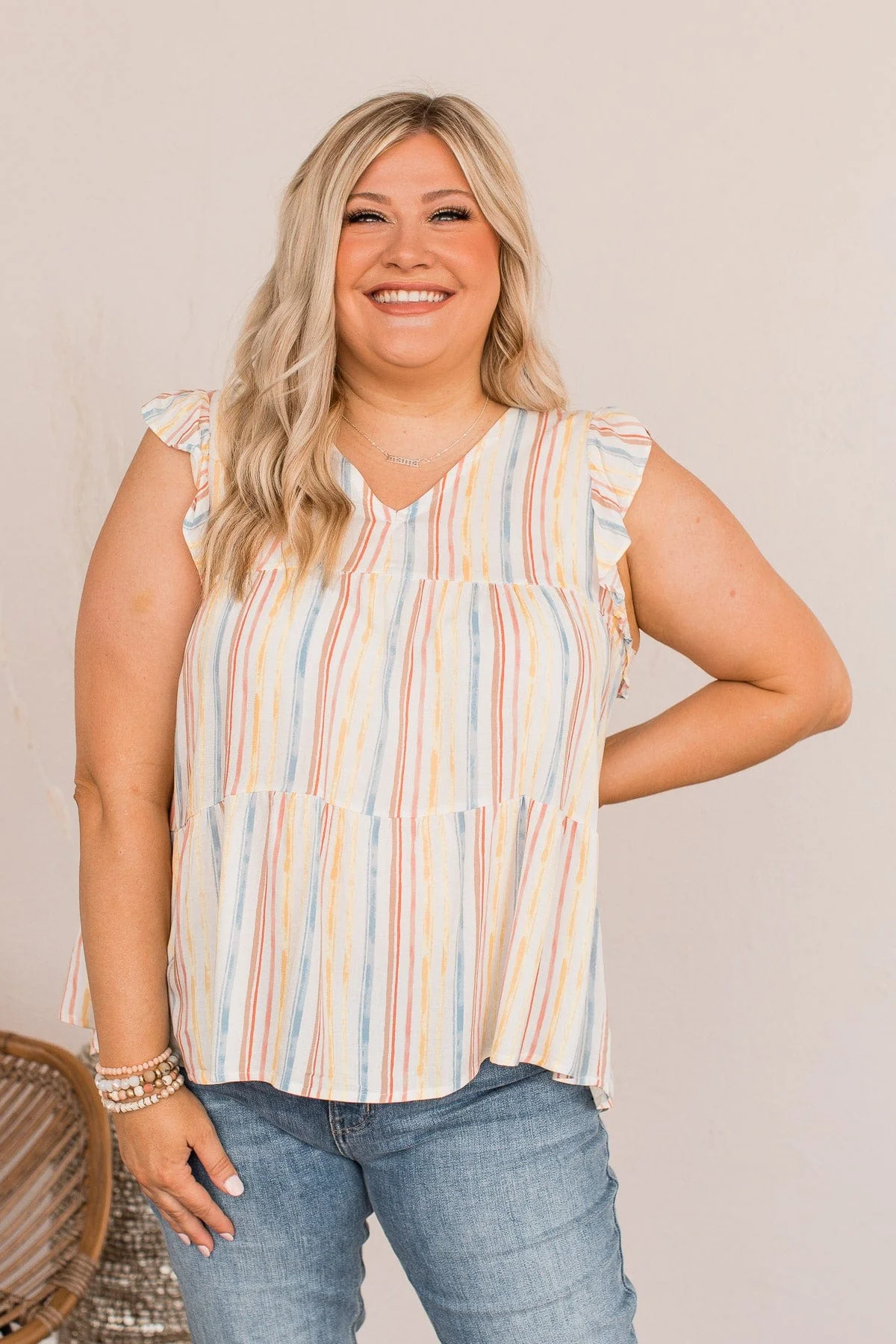 Beauty Is Key Flutter Sleeve Blouse- Ivory & Yellow - Image 6