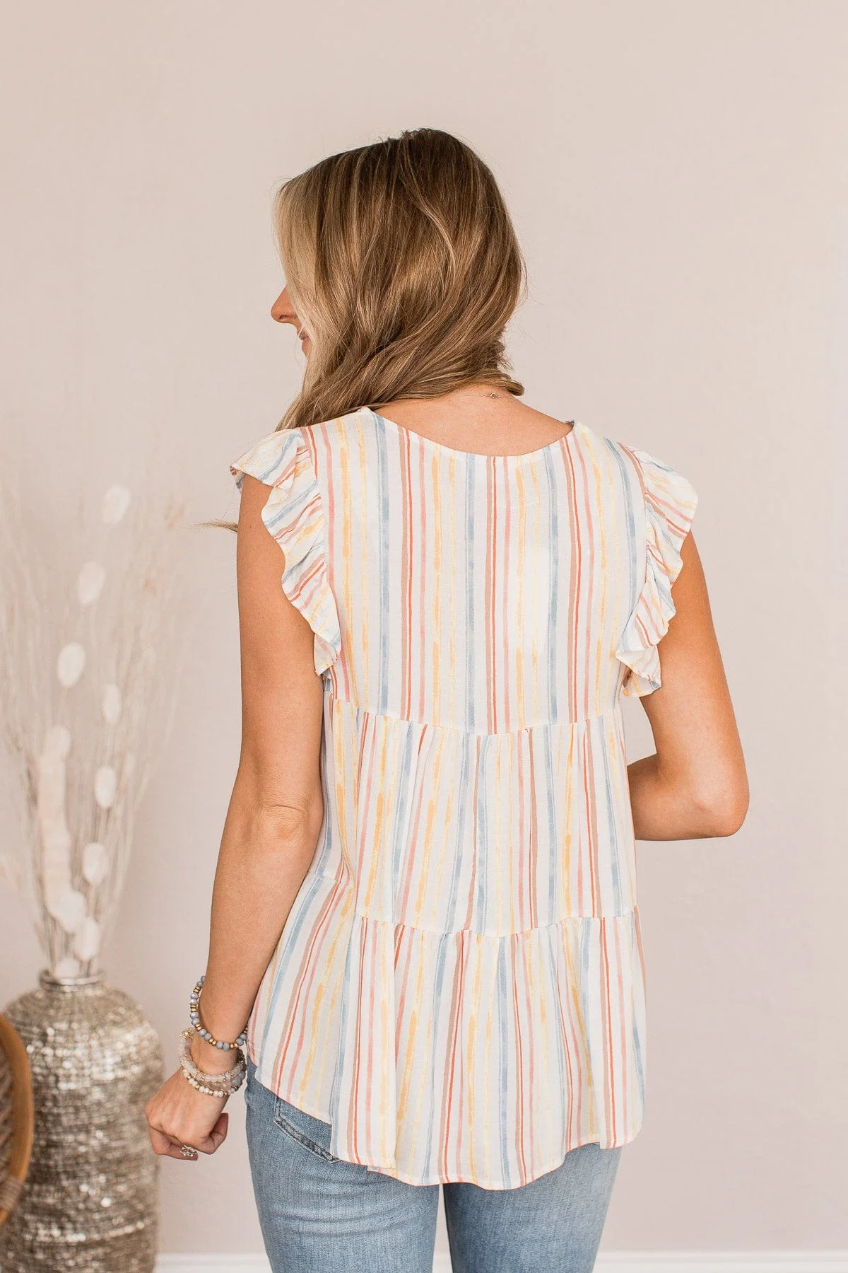 Beauty Is Key Flutter Sleeve Blouse- Ivory & Yellow - Image 9