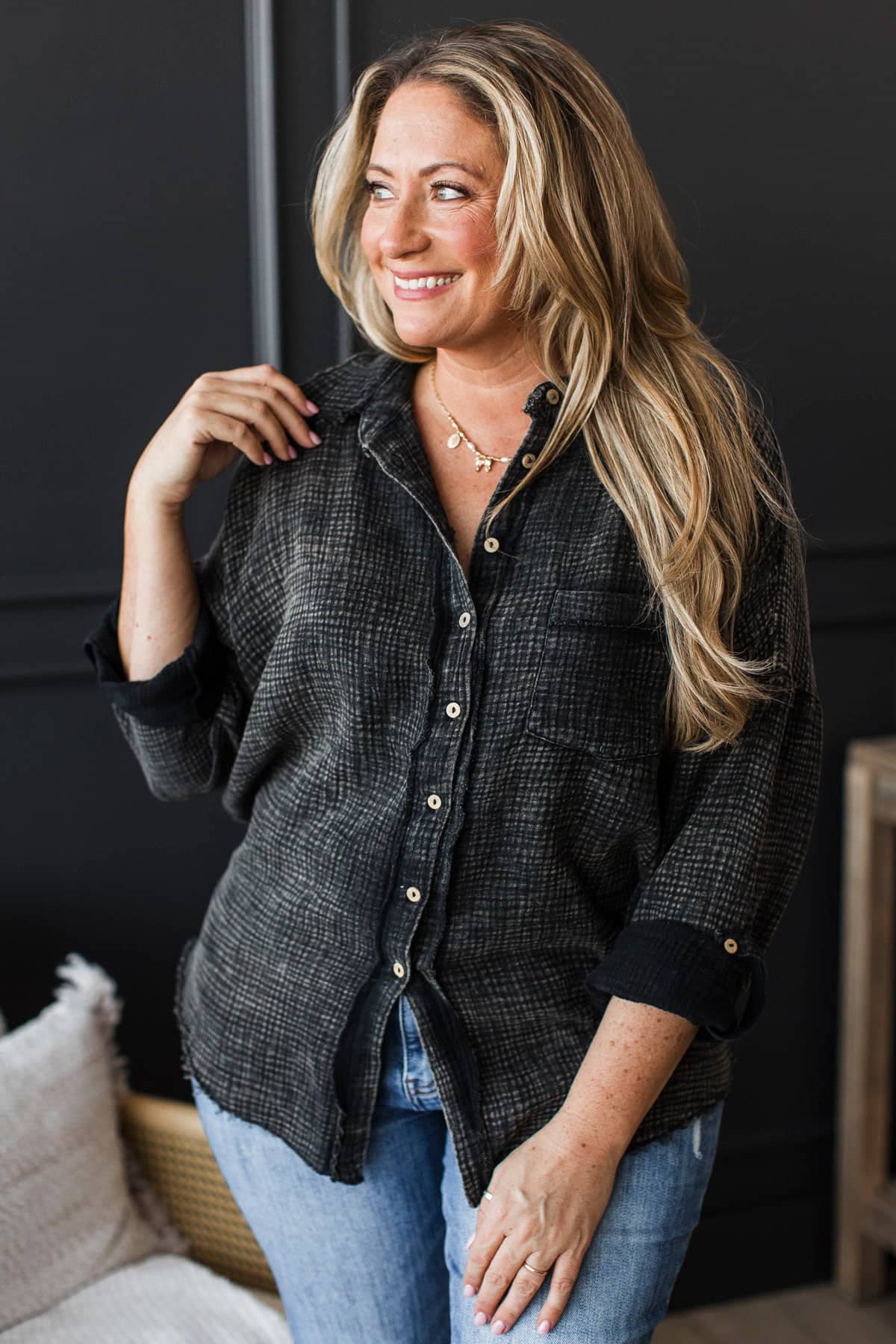 Beauty Of The Moment Frayed Button Top- Black