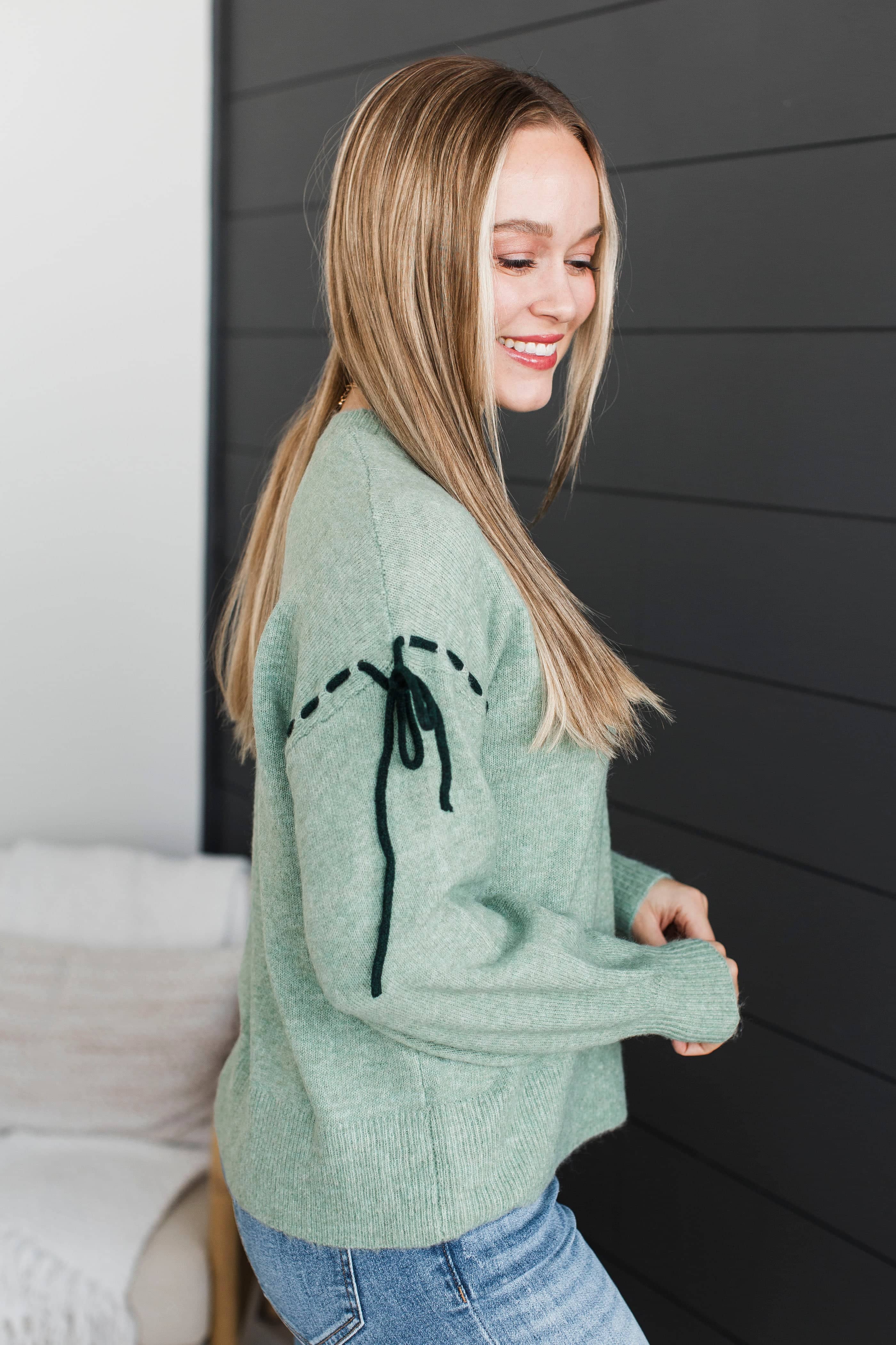 Beauty Within Bow Sleeve Knit Sweater- Sage - Image 6
