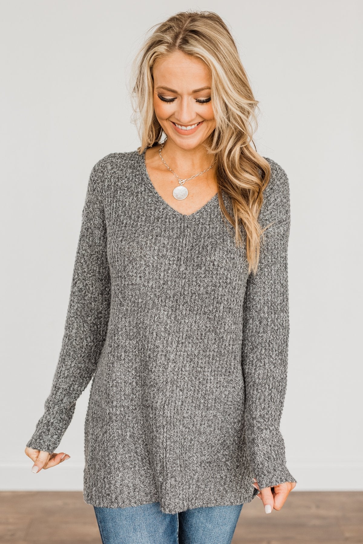 Because Of You Waffle Knit Sweater- Charcoal - Image 4