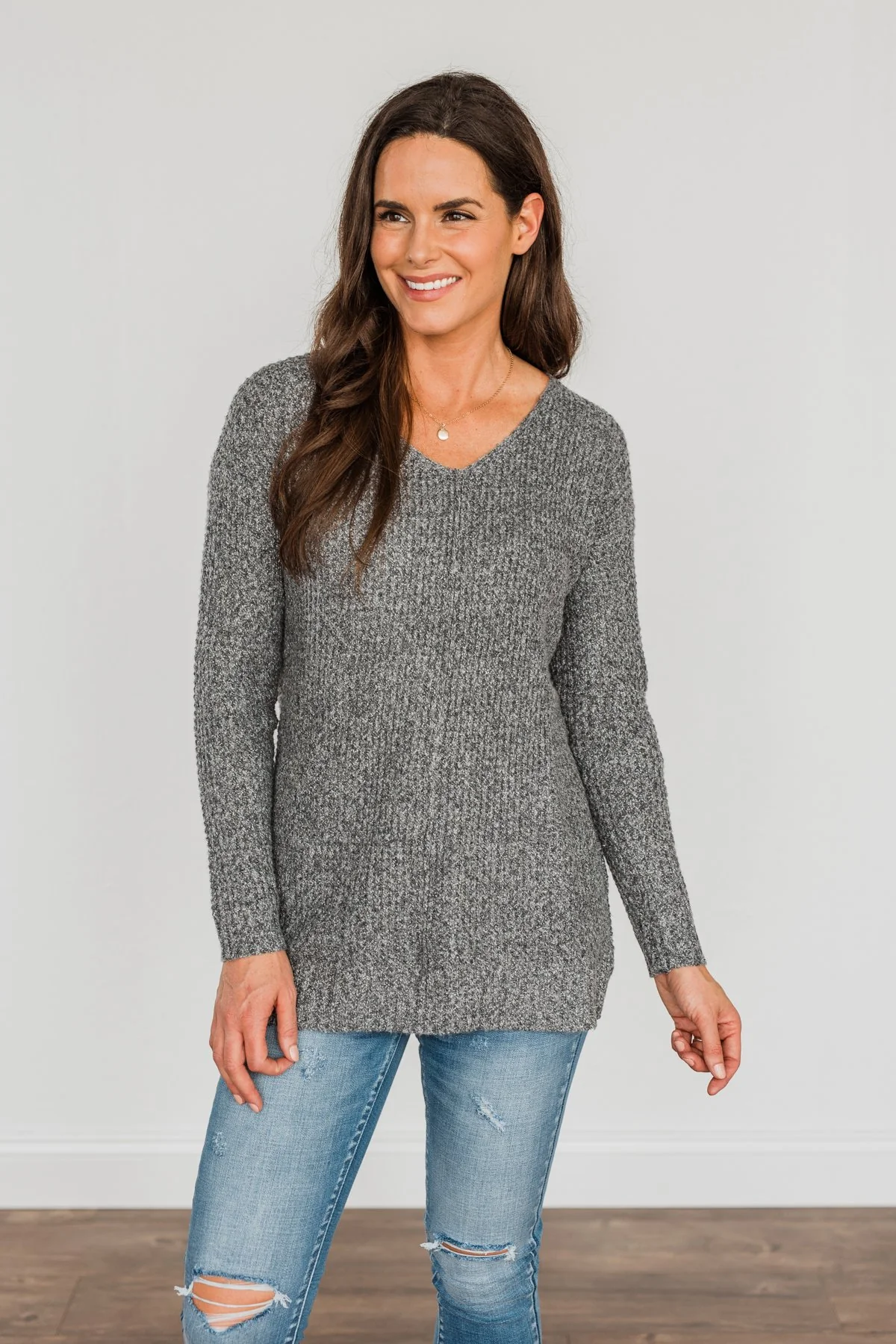 Because Of You Waffle Knit Sweater- Charcoal - Image 5