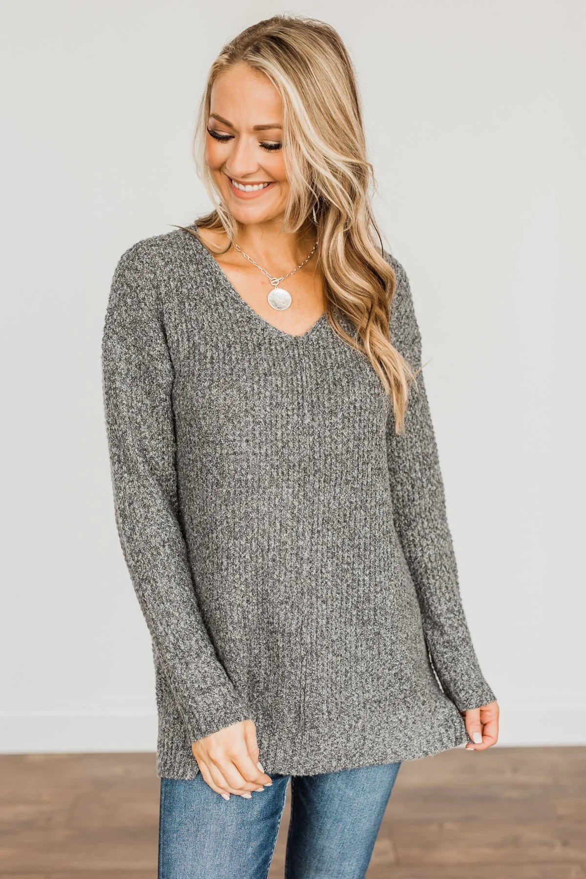 Because Of You Waffle Knit Sweater- Charcoal - Image 7
