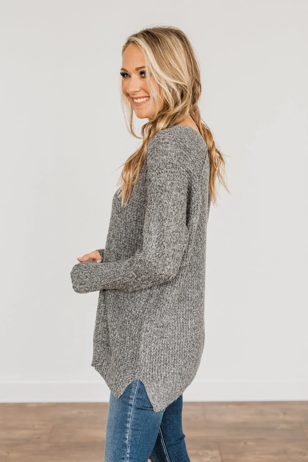 Because Of You Waffle Knit Sweater- Charcoal - Image 9