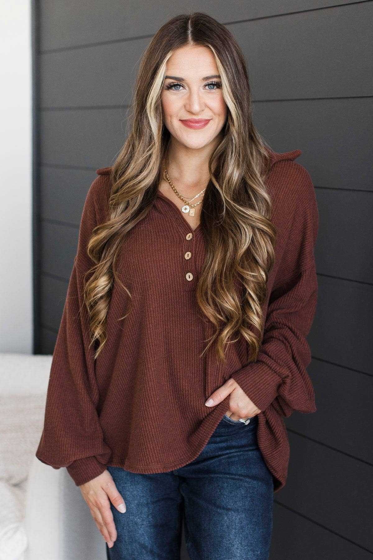 Being Brave Ribbed V-Neck Top- Brown