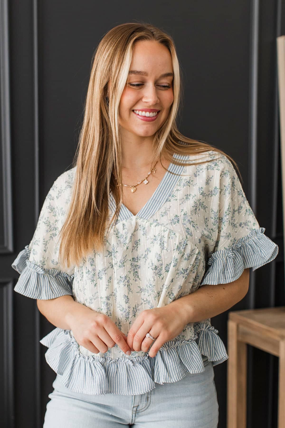 Being Present Floral Babydoll Blouse- Cream & Blue