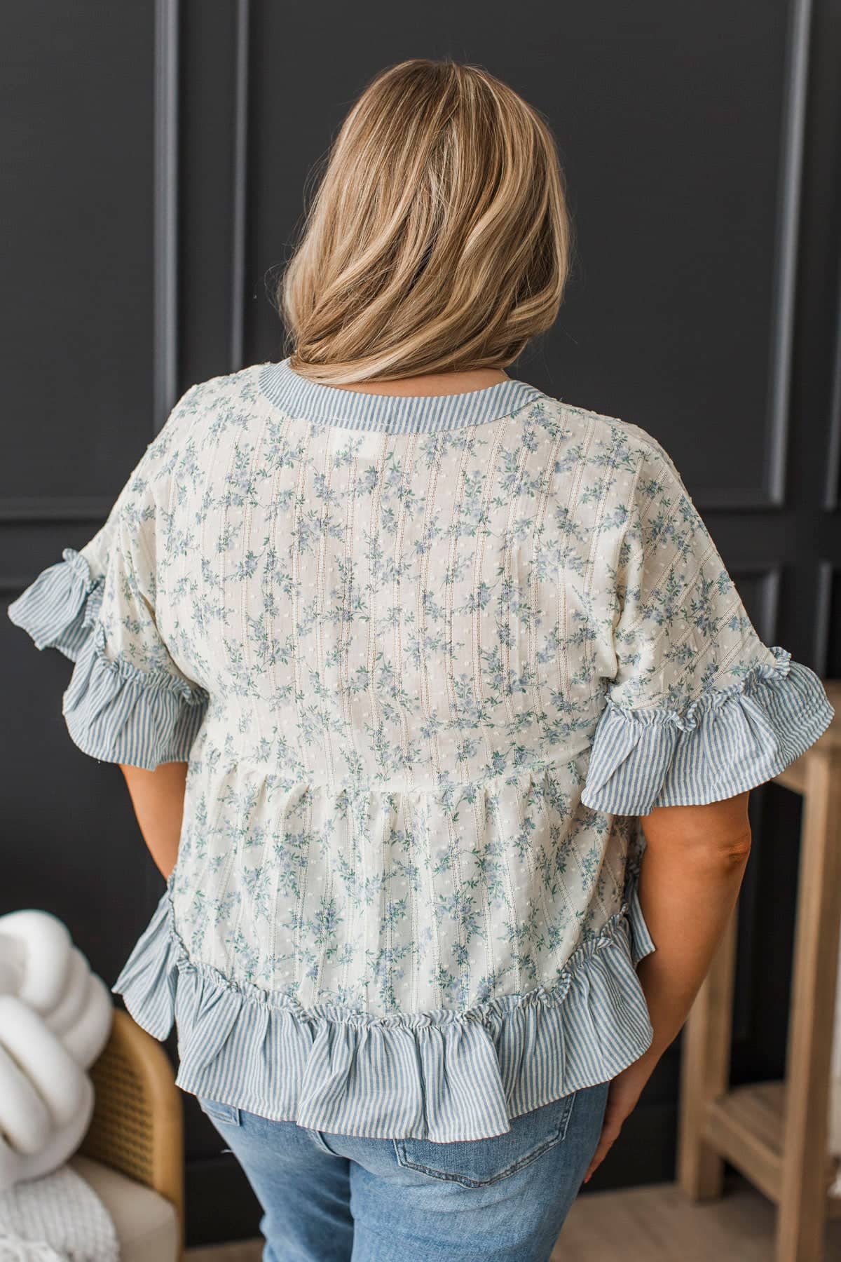 Being Present Floral Babydoll Blouse- Cream & Blue - Image 6
