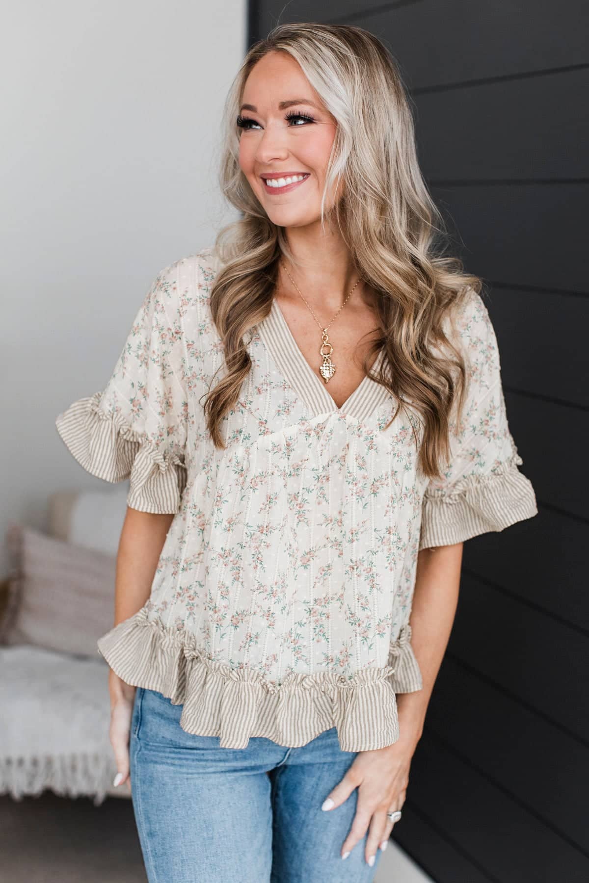 Being Present Floral Babydoll Blouse- Cream & Blush - Image 5