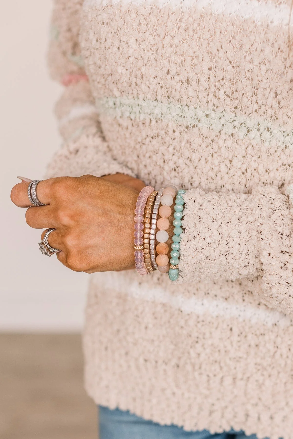 Believe In Forever Beaded Bracelet Set- Peach & Mint Blue - Image 2