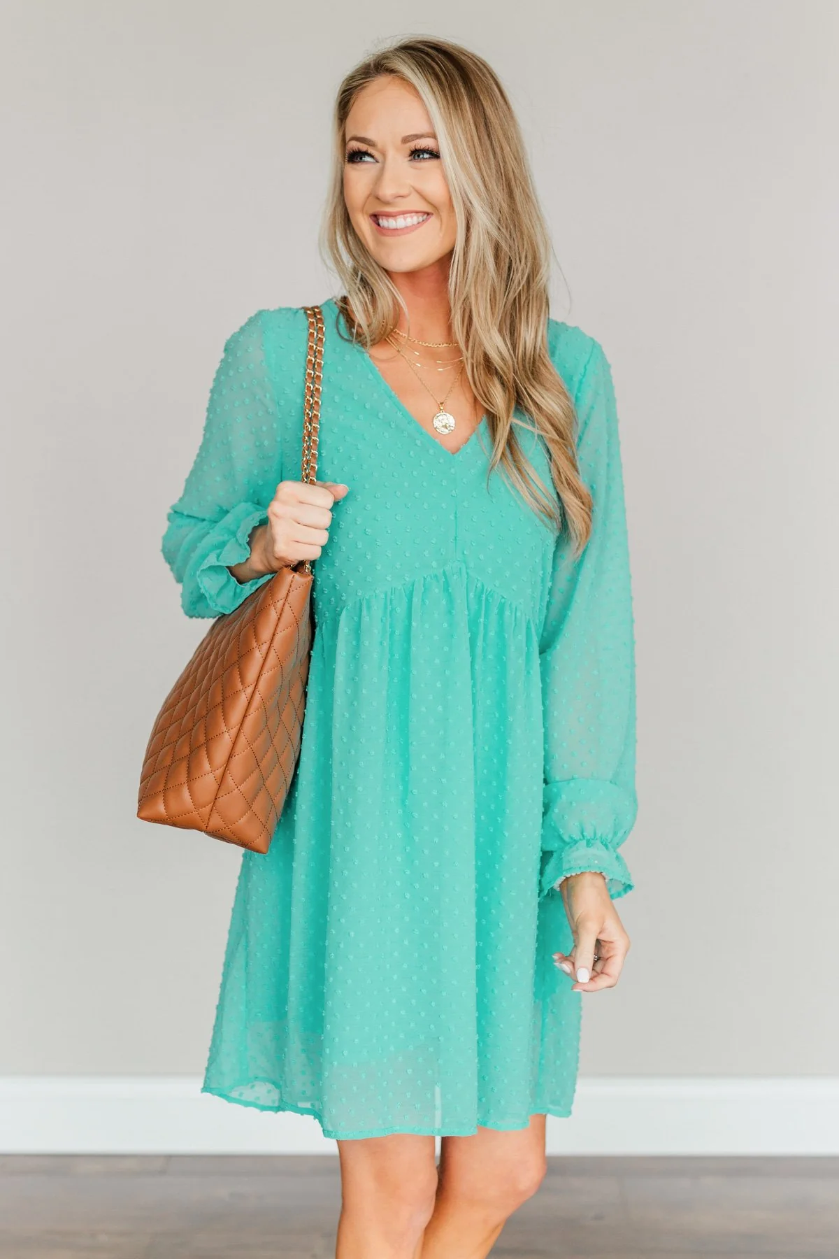 Believe In Miracles V-Neck Dress- Turquoise - Image 5