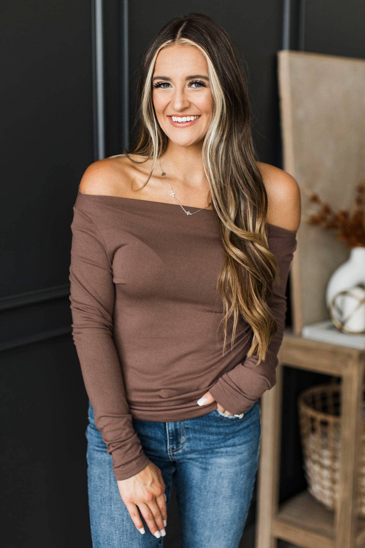 Believe In This Long Sleeve Boatneck Top- Brown
