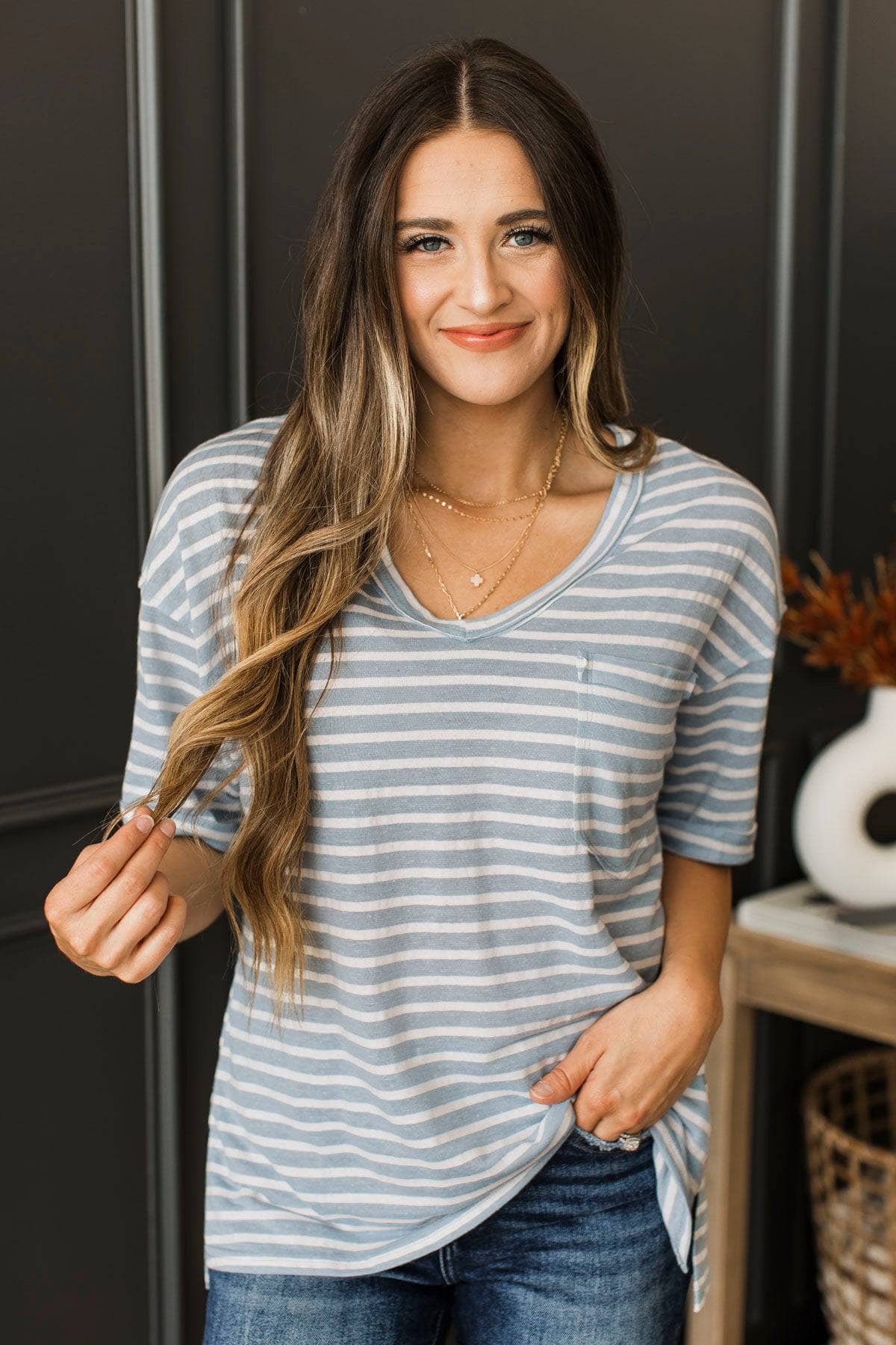 Believe In This Striped V-Neck Top- Sky Blue - Image 3