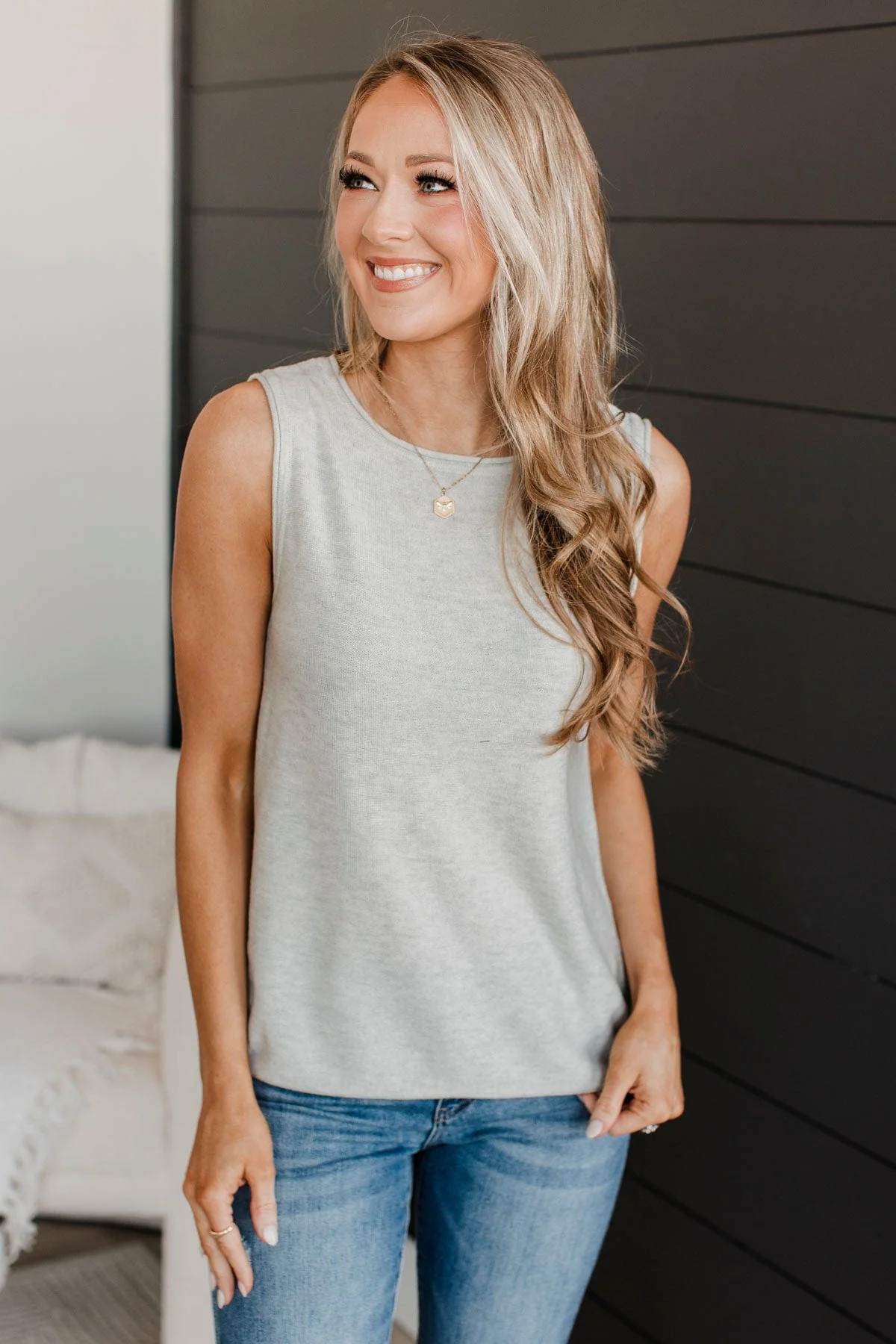 Believe It Or Not Knit Tank Top- Heather Grey - Image 3