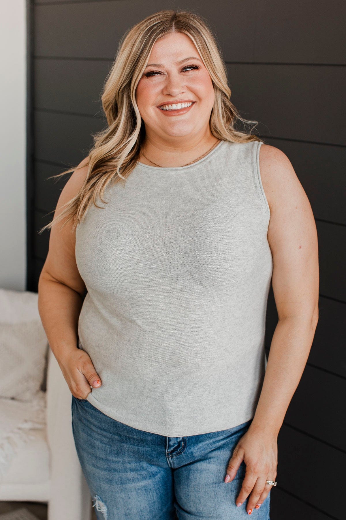 Believe It Or Not Knit Tank Top- Heather Grey - Image 4
