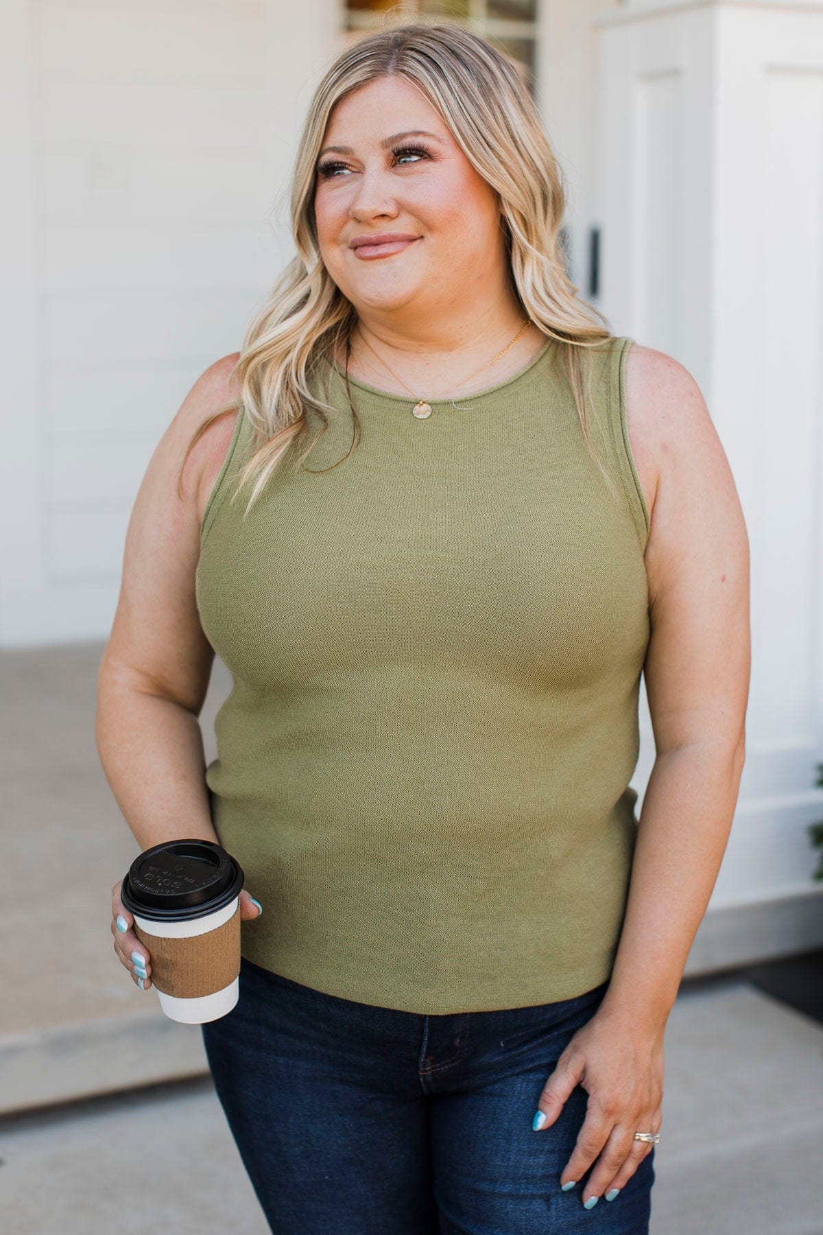 Believe It Or Not Knit Tank Top- Light Olive - Image 3