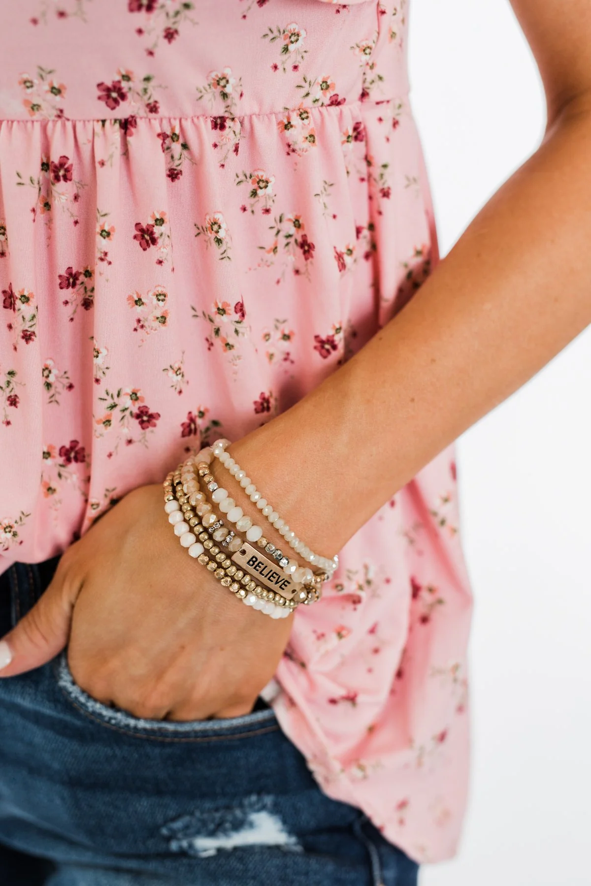 "Believe" Stackable Beaded Bracelet Set- Neutral - Image 2