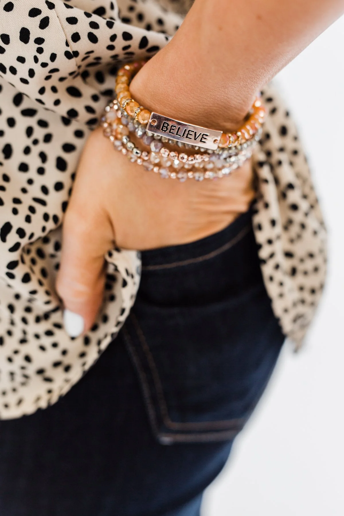 "Believe" Stackable Beaded Bracelet Set- Rose Gold - Image 3