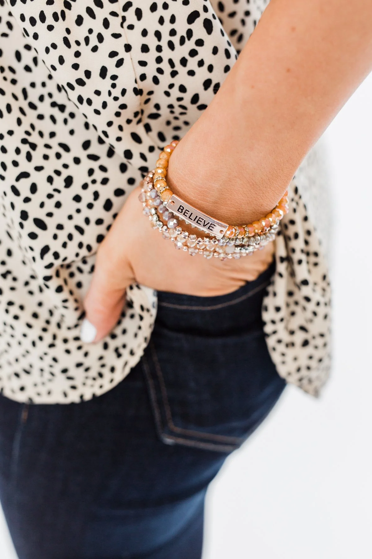 "Believe" Stackable Beaded Bracelet Set- Rose Gold - Image 4