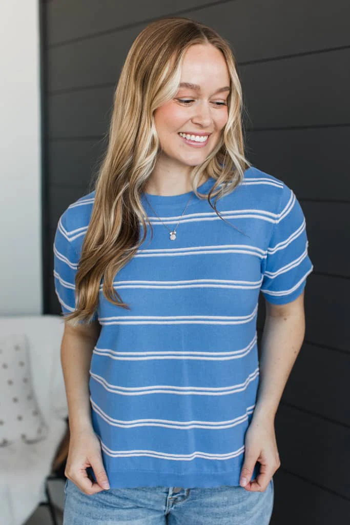 Believe Strongly Striped Knit Top- Blue