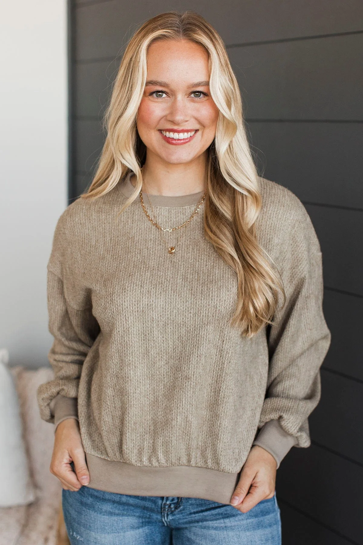 Believing It Long Sleeve Pullover Top- Latte - Image 2