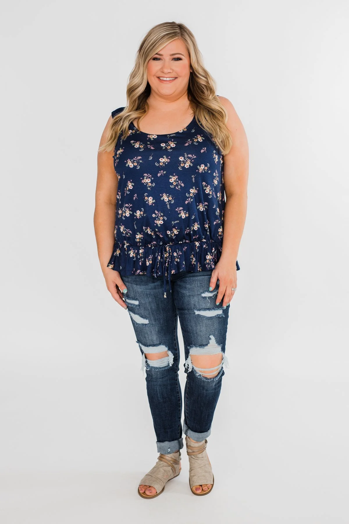Belong With You Cinch Waist Floral Tank Top- Navy - Image 4