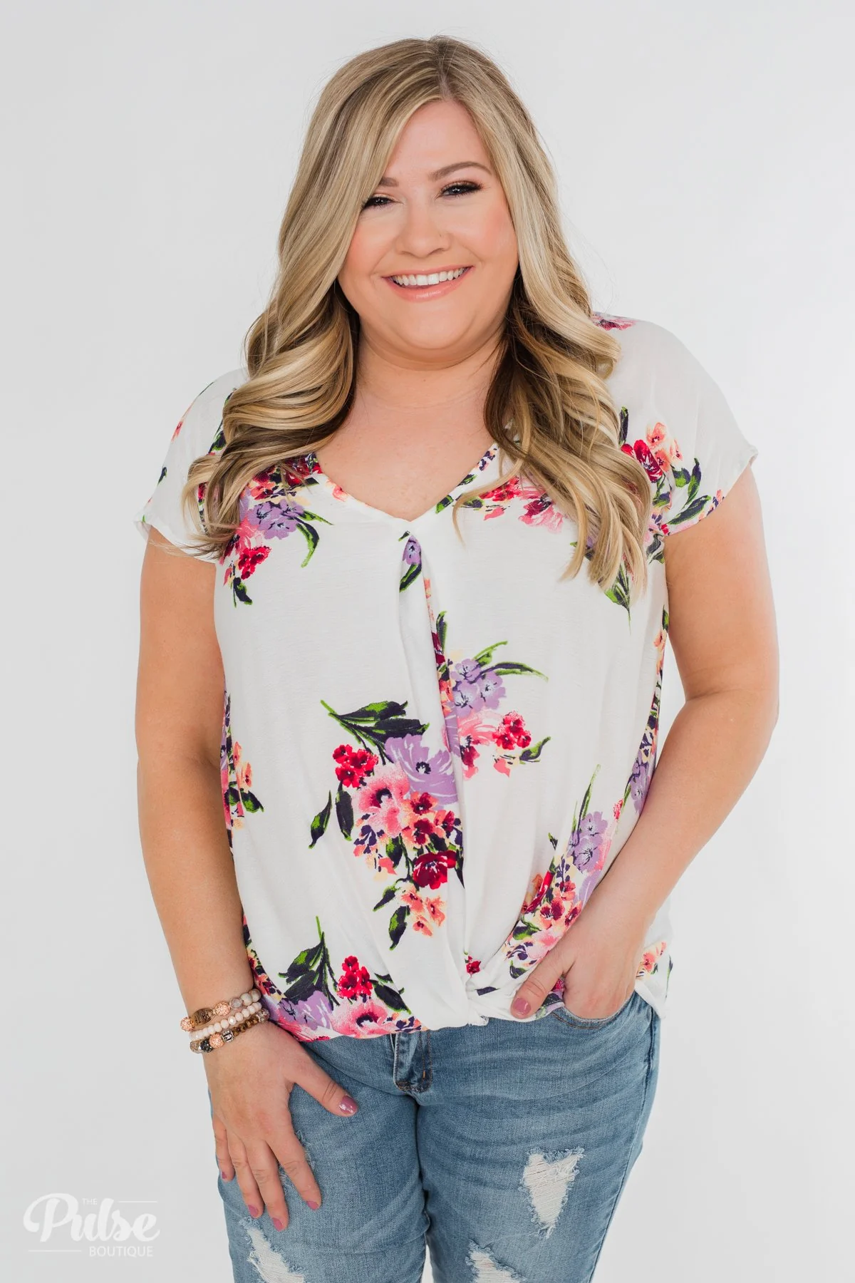 Best Day Ever Floral Twist Short Sleeve Top- Ivory - Image 2