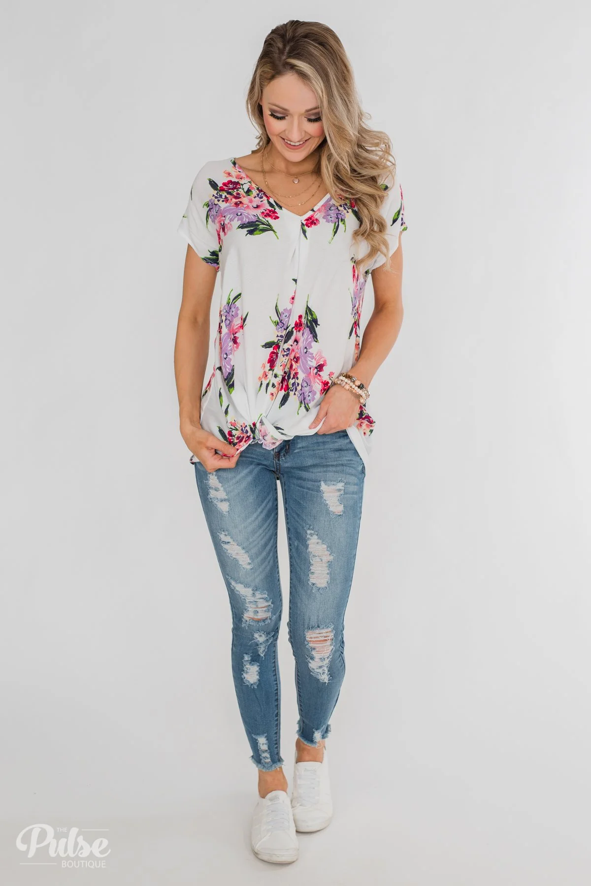 Best Day Ever Floral Twist Short Sleeve Top- Ivory - Image 3