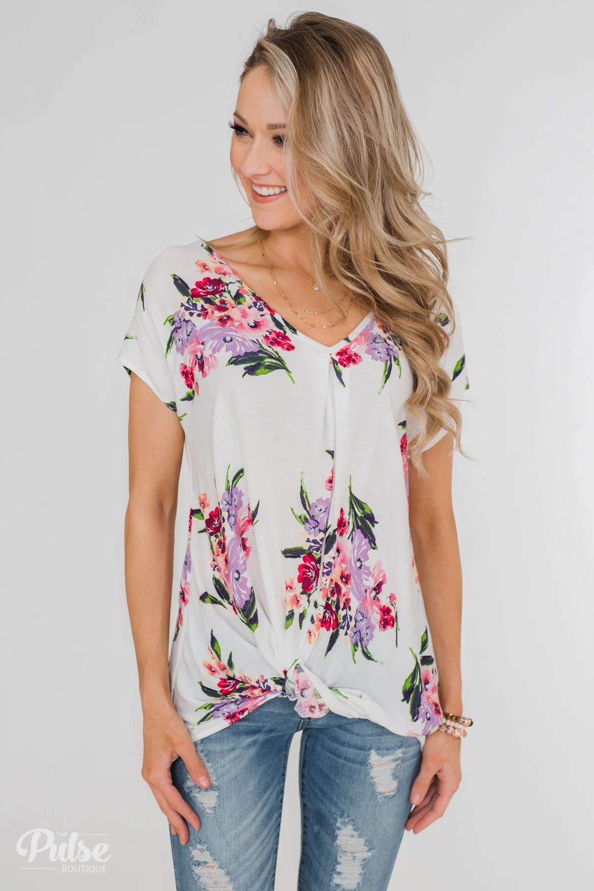 Best Day Ever Floral Twist Short Sleeve Top- Ivory - Image 8