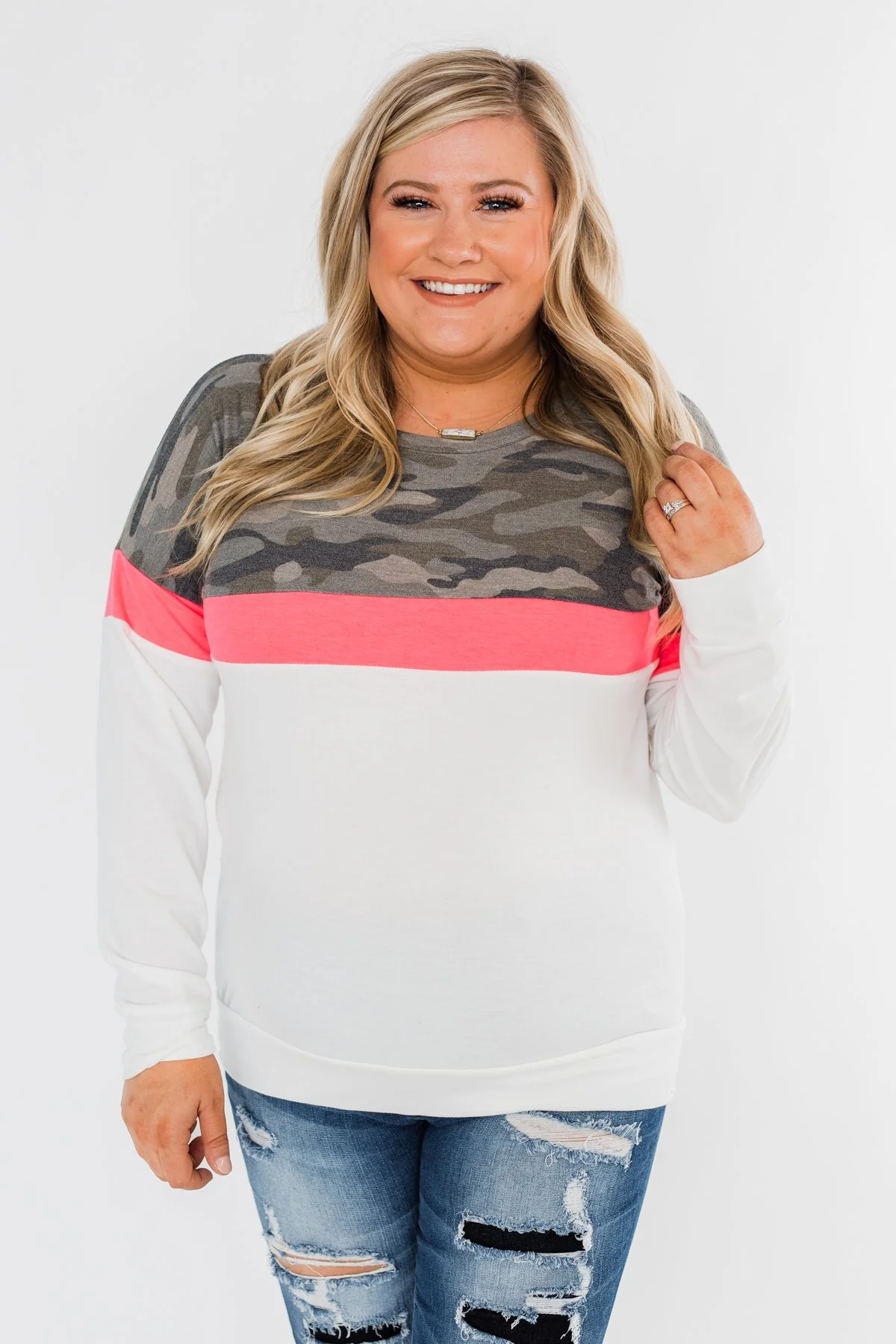 Best Foot Forward Long Sleeve Top- Camo, Neon pink, & Ivory - Image 2