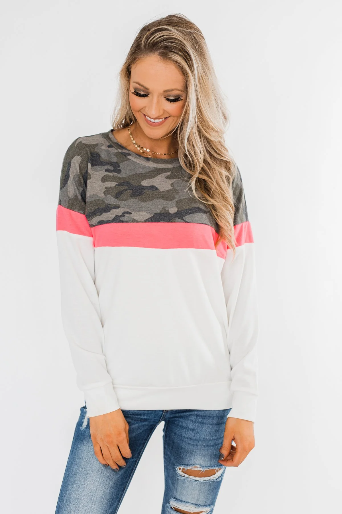 Best Foot Forward Long Sleeve Top- Camo, Neon pink, & Ivory - Image 3