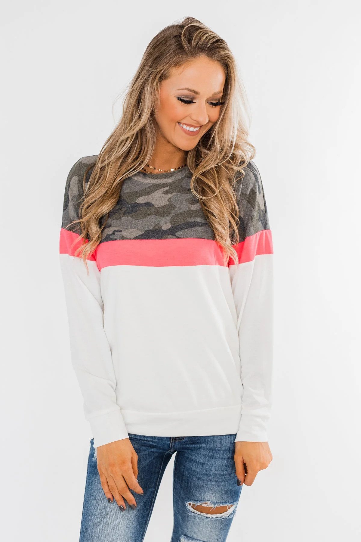 Best Foot Forward Long Sleeve Top- Camo, Neon pink, & Ivory - Image 5