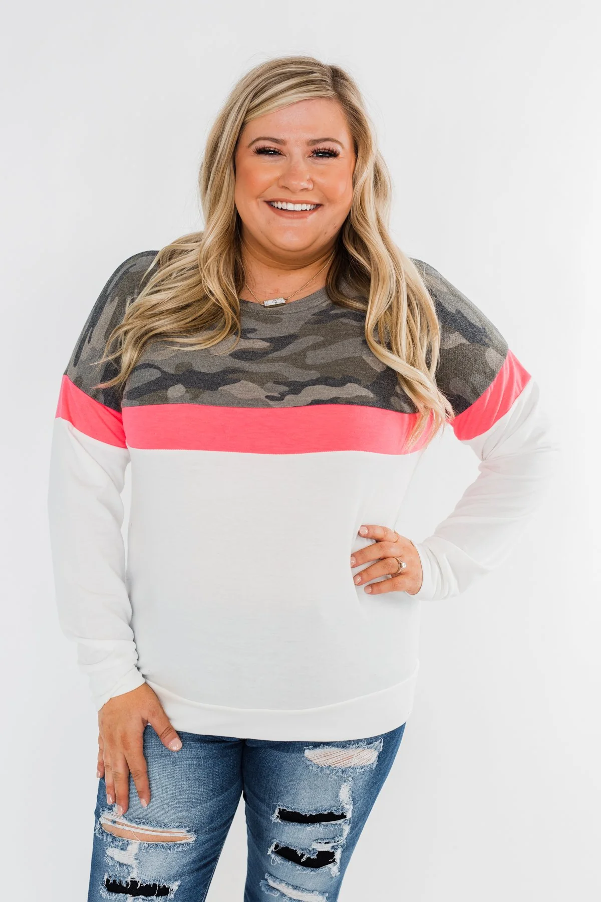 Best Foot Forward Long Sleeve Top- Camo, Neon pink, & Ivory - Image 6