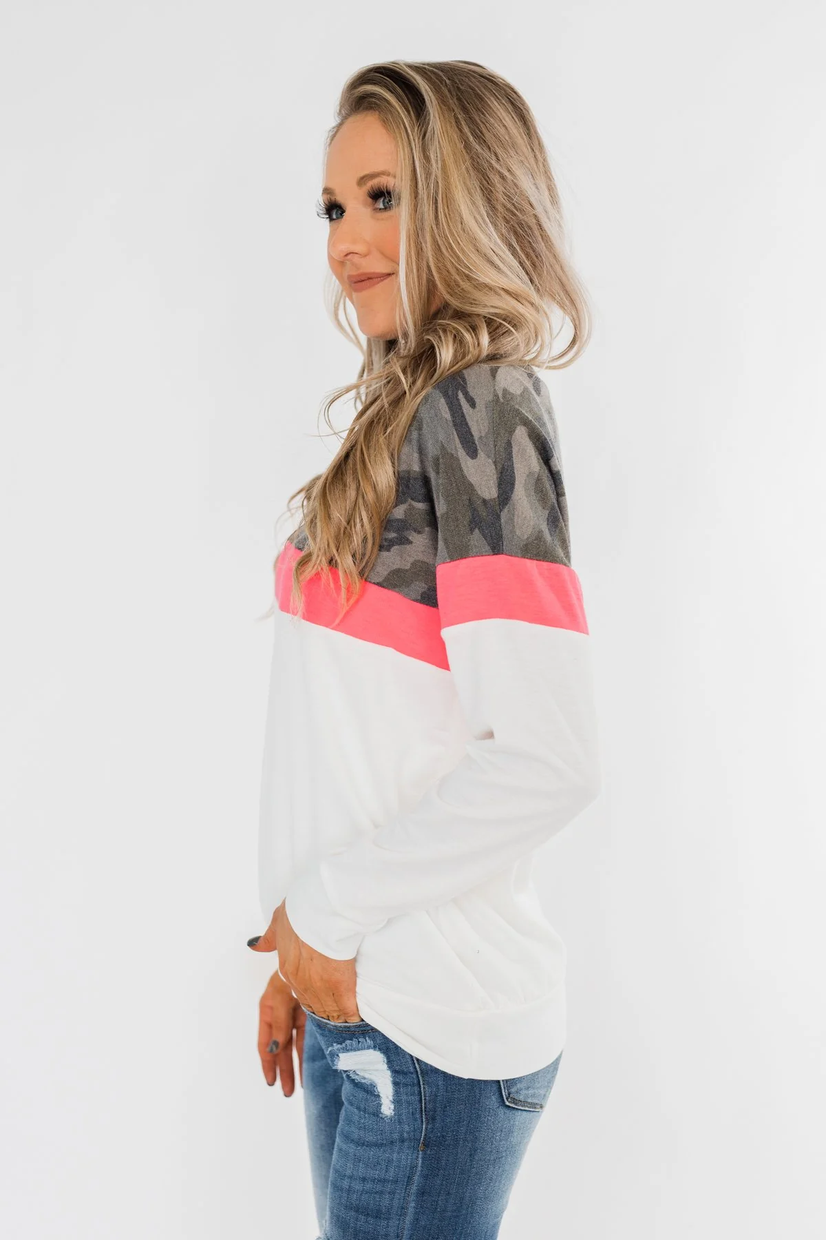 Best Foot Forward Long Sleeve Top- Camo, Neon pink, & Ivory - Image 9