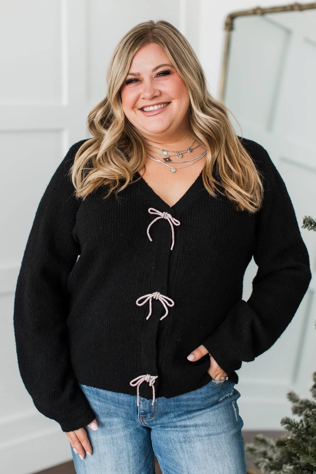 Best Memory Knit Bow Button Cardigan- Black - Image 3