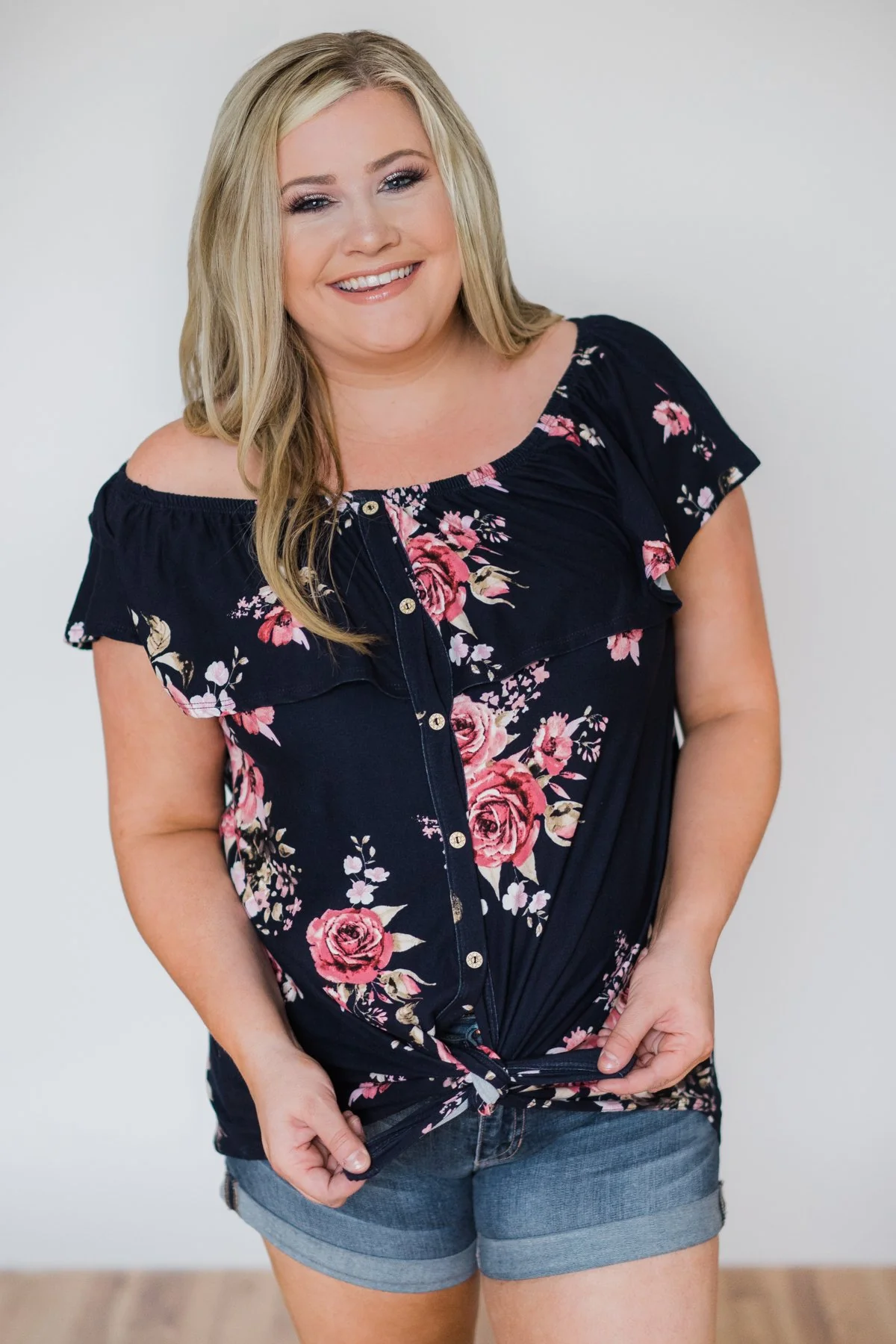 Best of Luck Floral Off the Shoulder Top- Navy - Image 2