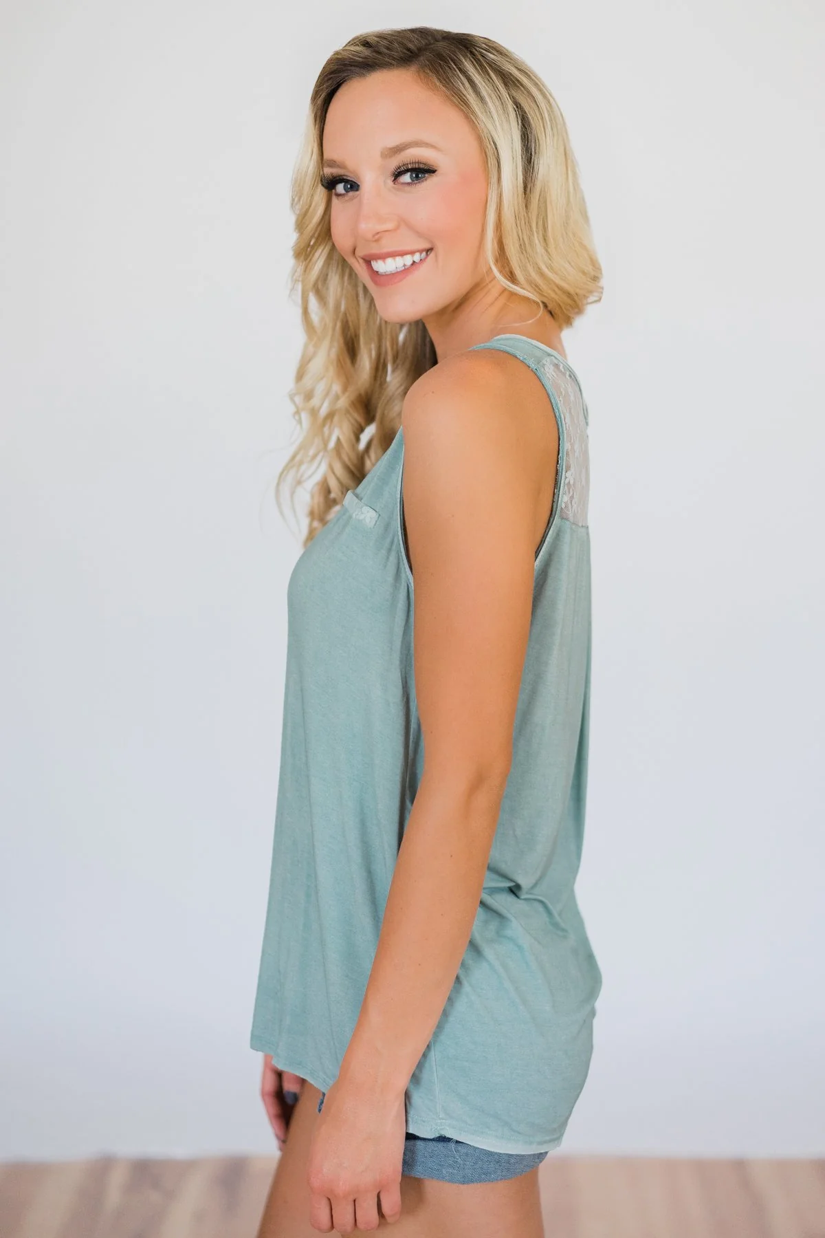 Best of my Days Lace & Zipper Tank Top- Vintage Sea Foam - Image 4