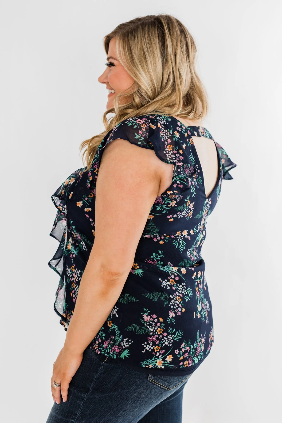 Better Than Before Floral Ruffle Blouse- Navy - Image 10
