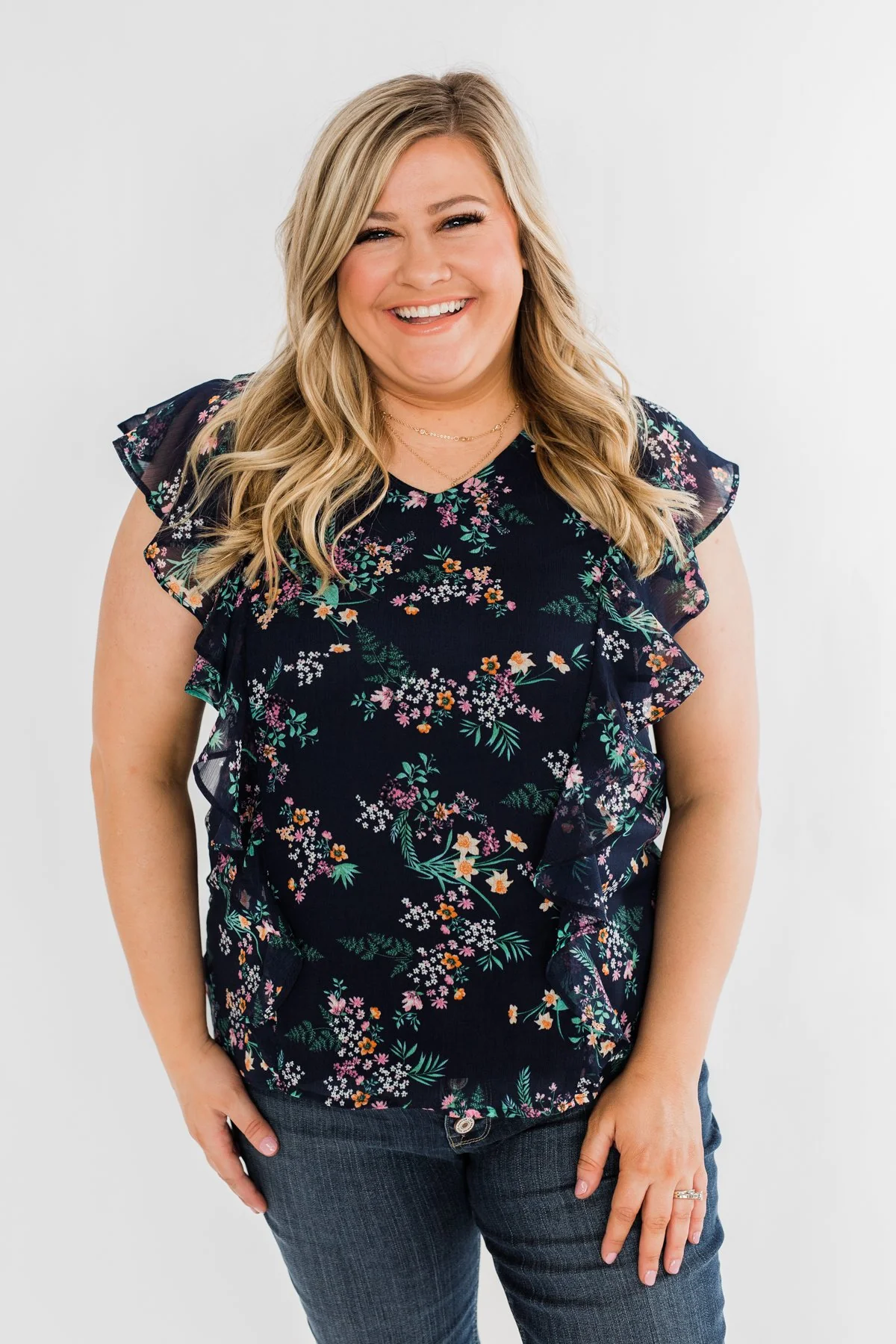 Better Than Before Floral Ruffle Blouse- Navy - Image 3