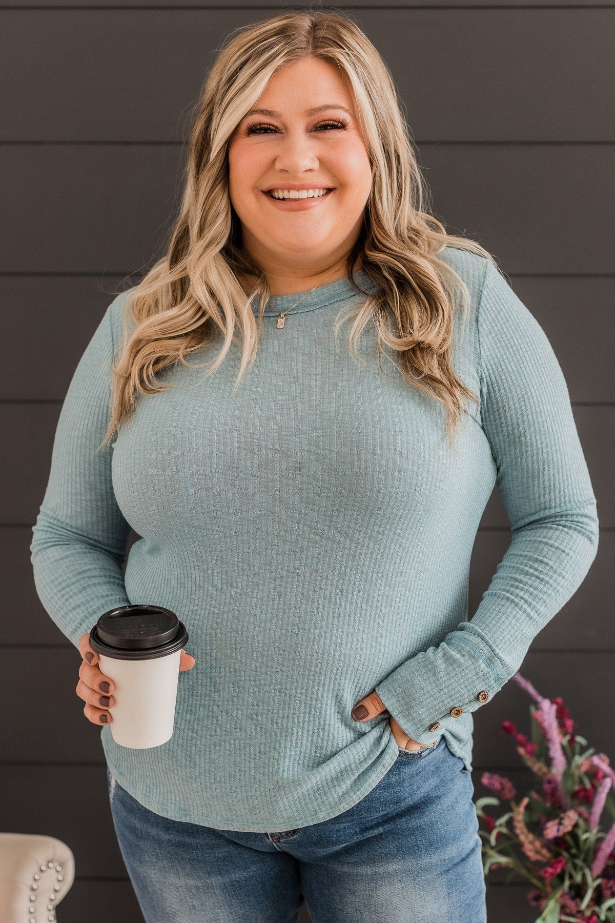 Better Than Ever Long Sleeve Knit Top- Light Teal - Image 3
