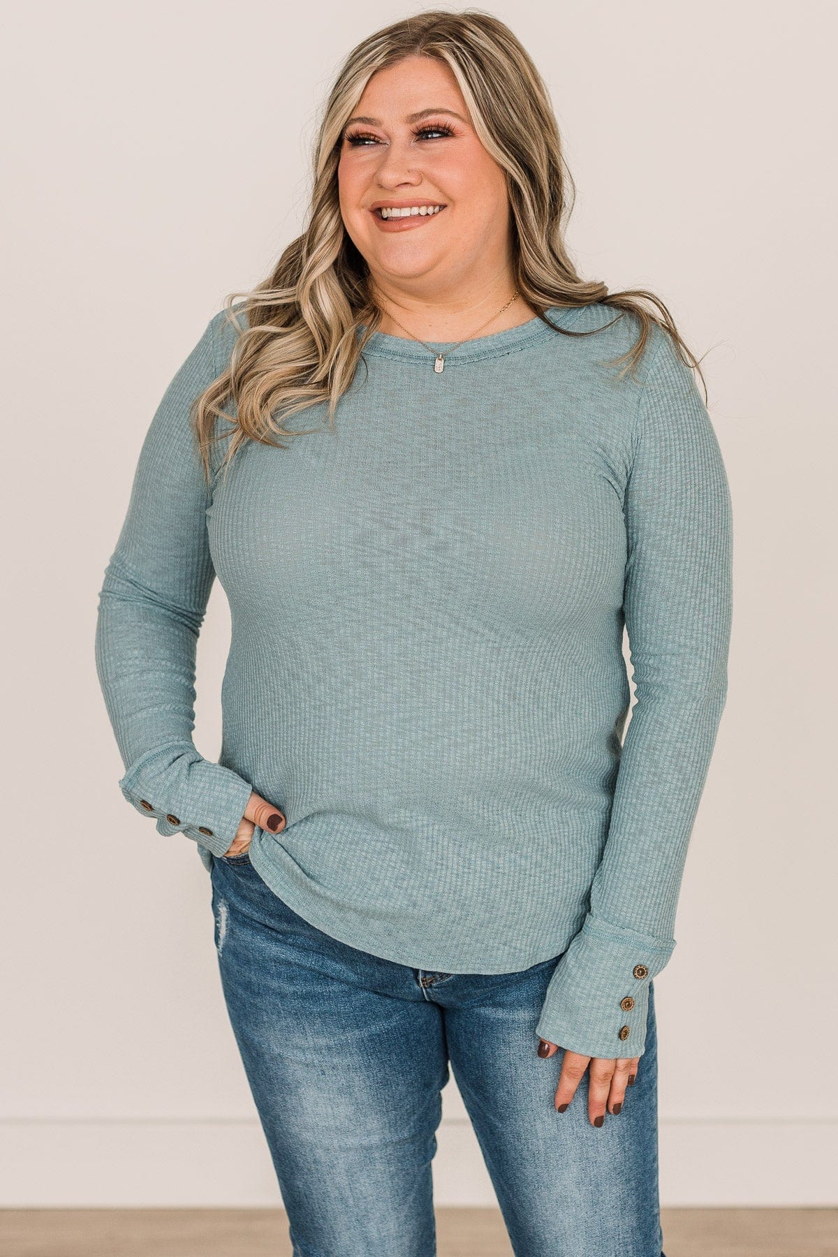 Better Than Ever Long Sleeve Knit Top- Light Teal - Image 4