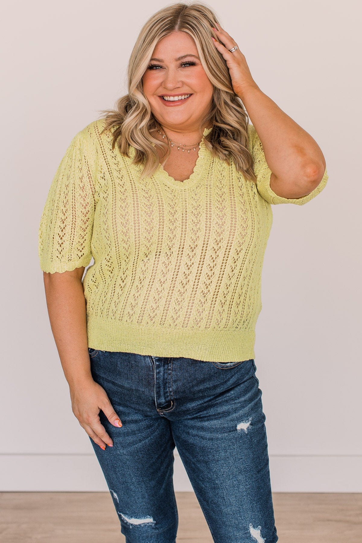 Better Times Pointelle Knit Top- Yellow - Image 4