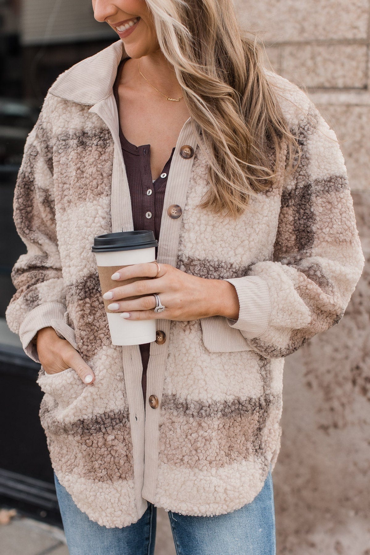 Better To Be Cozy Sherpa Jacket- Light Taupe - Image 2
