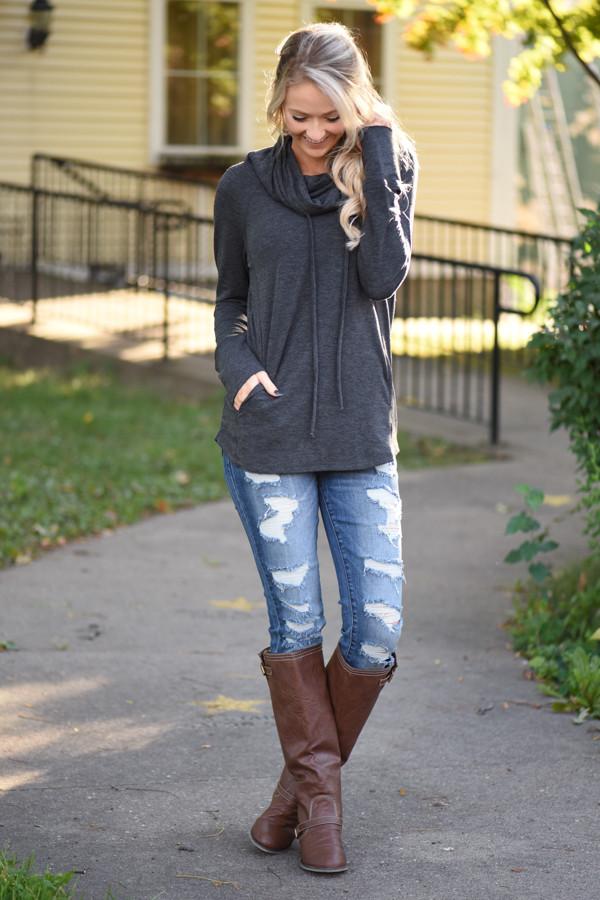Between You & Me Cowl Neck Top - Charcoal - Image 2