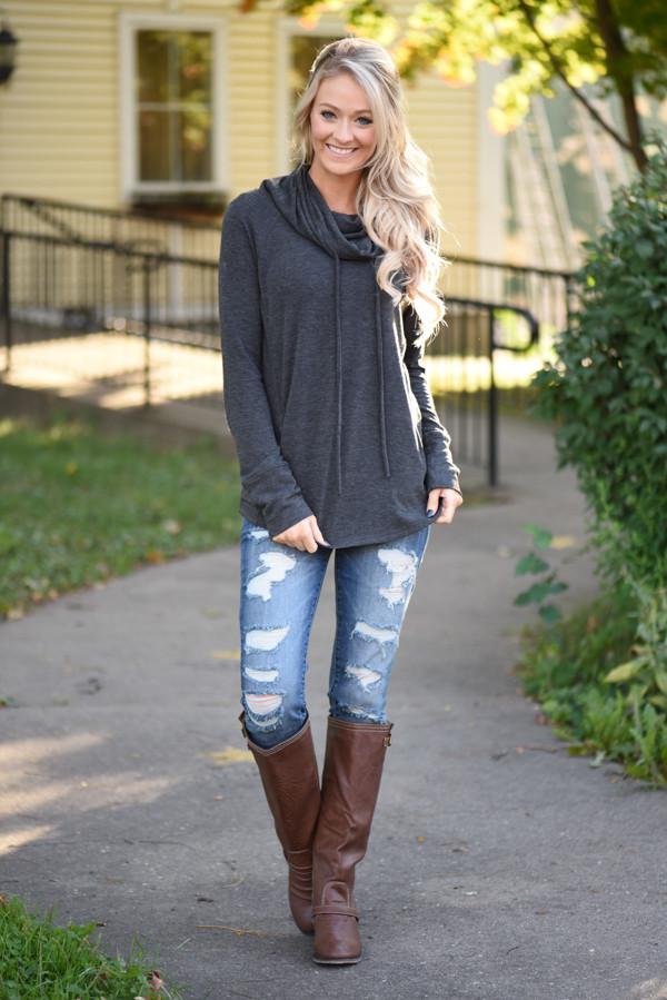 Between You & Me Cowl Neck Top - Charcoal - Image 4