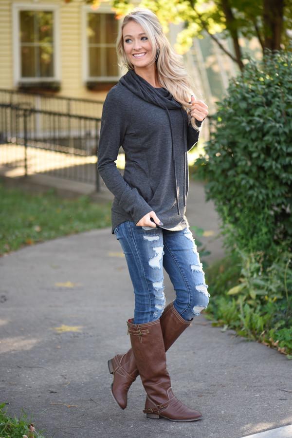 Between You & Me Cowl Neck Top - Charcoal - Image 5