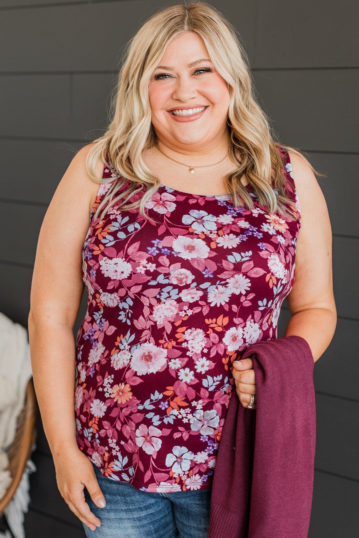 Between You & Me Floral Tank Top- Burgundy - Image 3