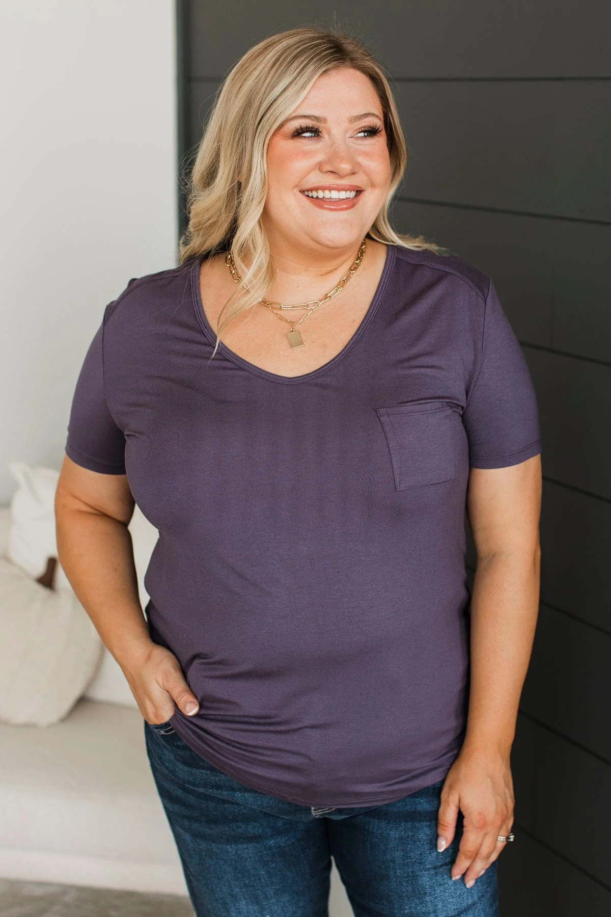 Beyond Beauty Short Sleeve Pocket Top- Eggplant - Image 3